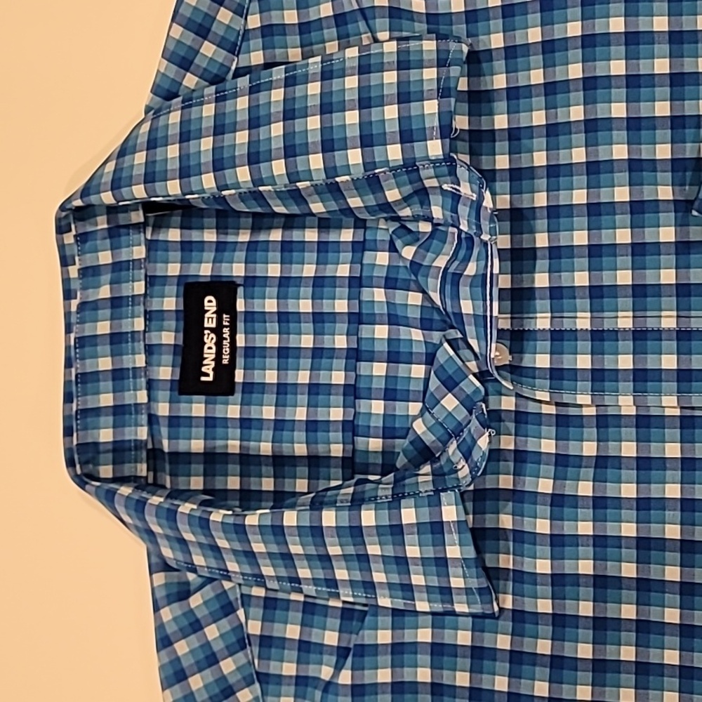 Lands' End Plaid Regular Fit Shirt Blue Teal White 18-18.5 34-351 - Picture 6 of 10